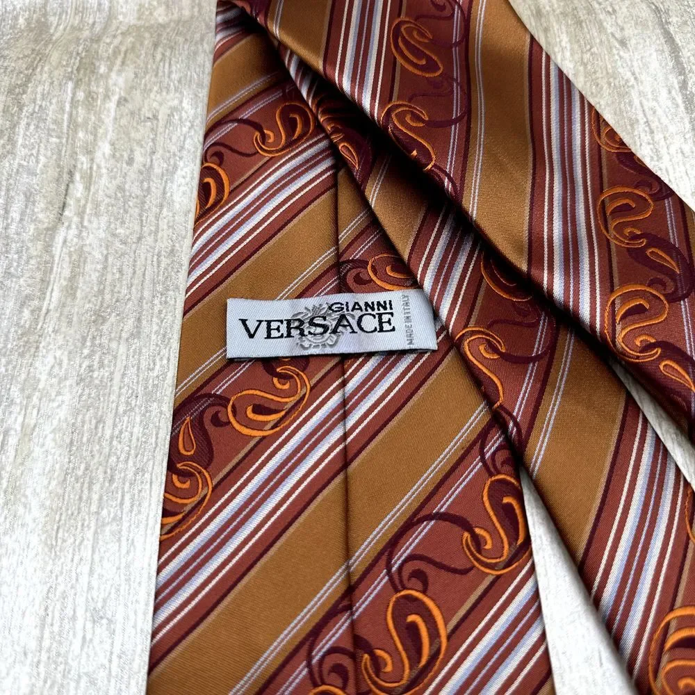 GIANNI VERSACE Men's 100% Silk Necktie SPAIN‎ Luxury Vertical Striped Abstract